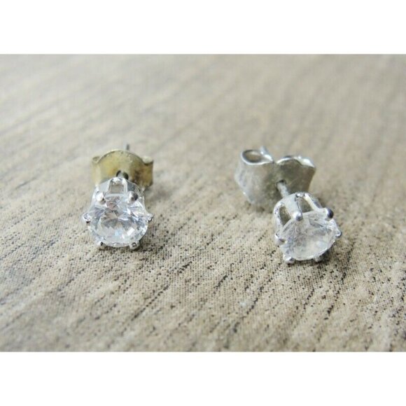 925 Sterling Silver Cubic Zirconia Post Stud Earrings Vintage - Picture 2 of 4